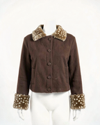 Front view of the fawn-print collar jacket in brown.