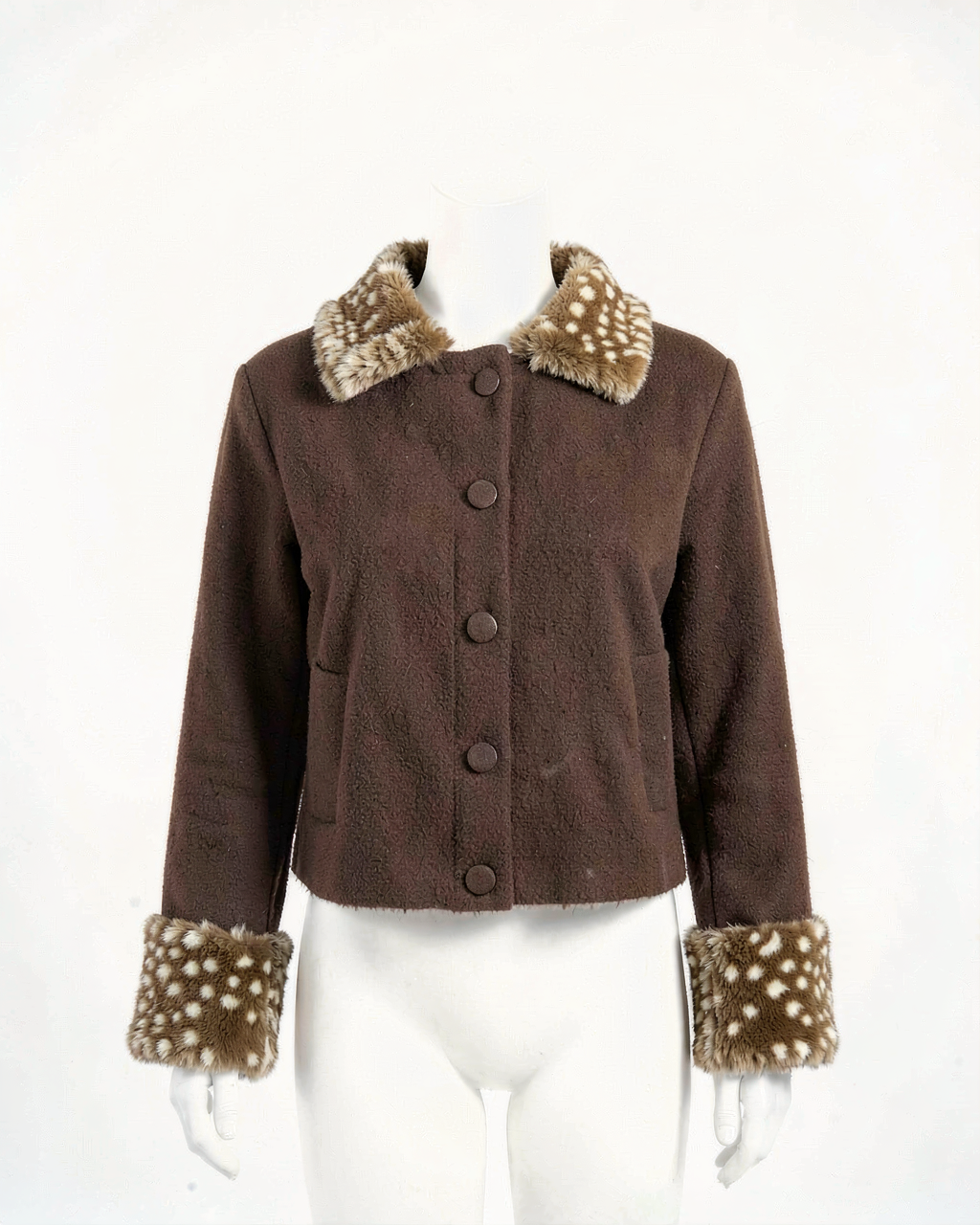 Front view of the fawn-print collar jacket in brown.