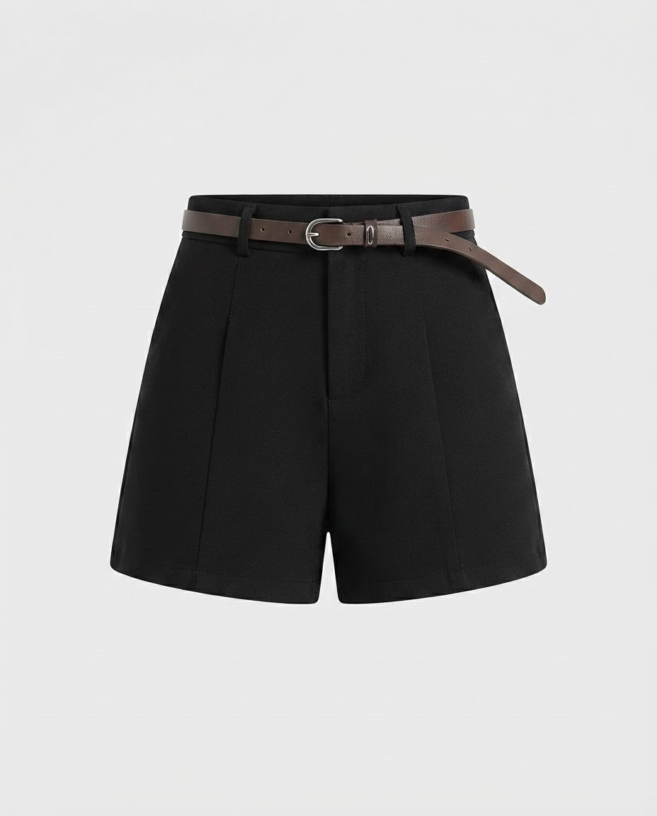 High-rise black tailored shorts with pressed front pleats, front view