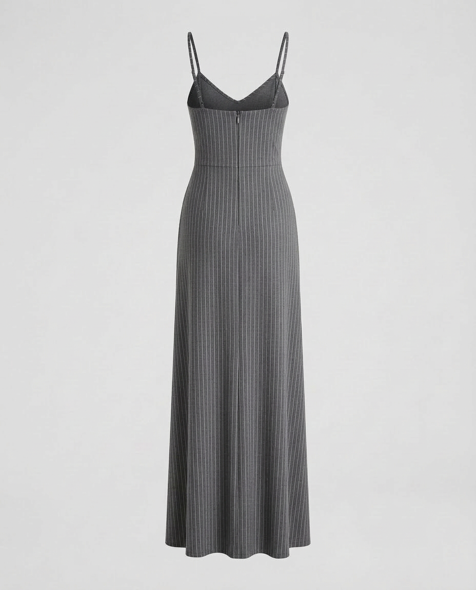 Pinstripe Midi Slip Dress in Grey, back view