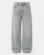 Front view of Wide-Leg Denim Trouser in Light Washed Denim Blue.