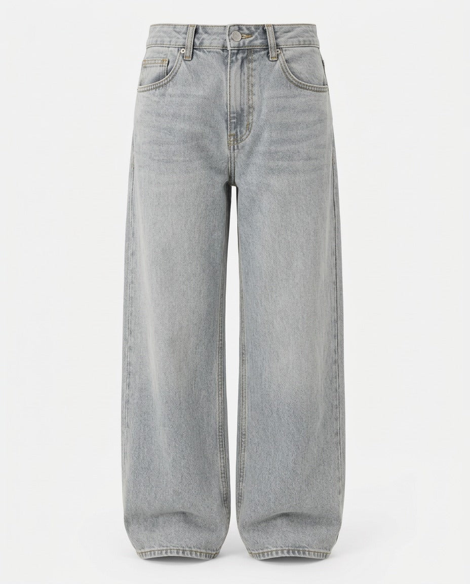 Front view of Wide-Leg Denim Trouser in Light Washed Denim Blue.