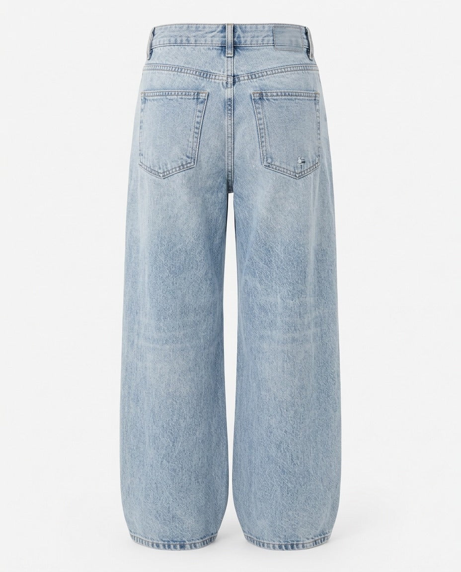 Back view of Wide-Leg Denim Trouser in Light Washed Denim Blue.