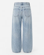 Back view of Wide-Leg Denim Trouser in Light Washed Denim Blue.