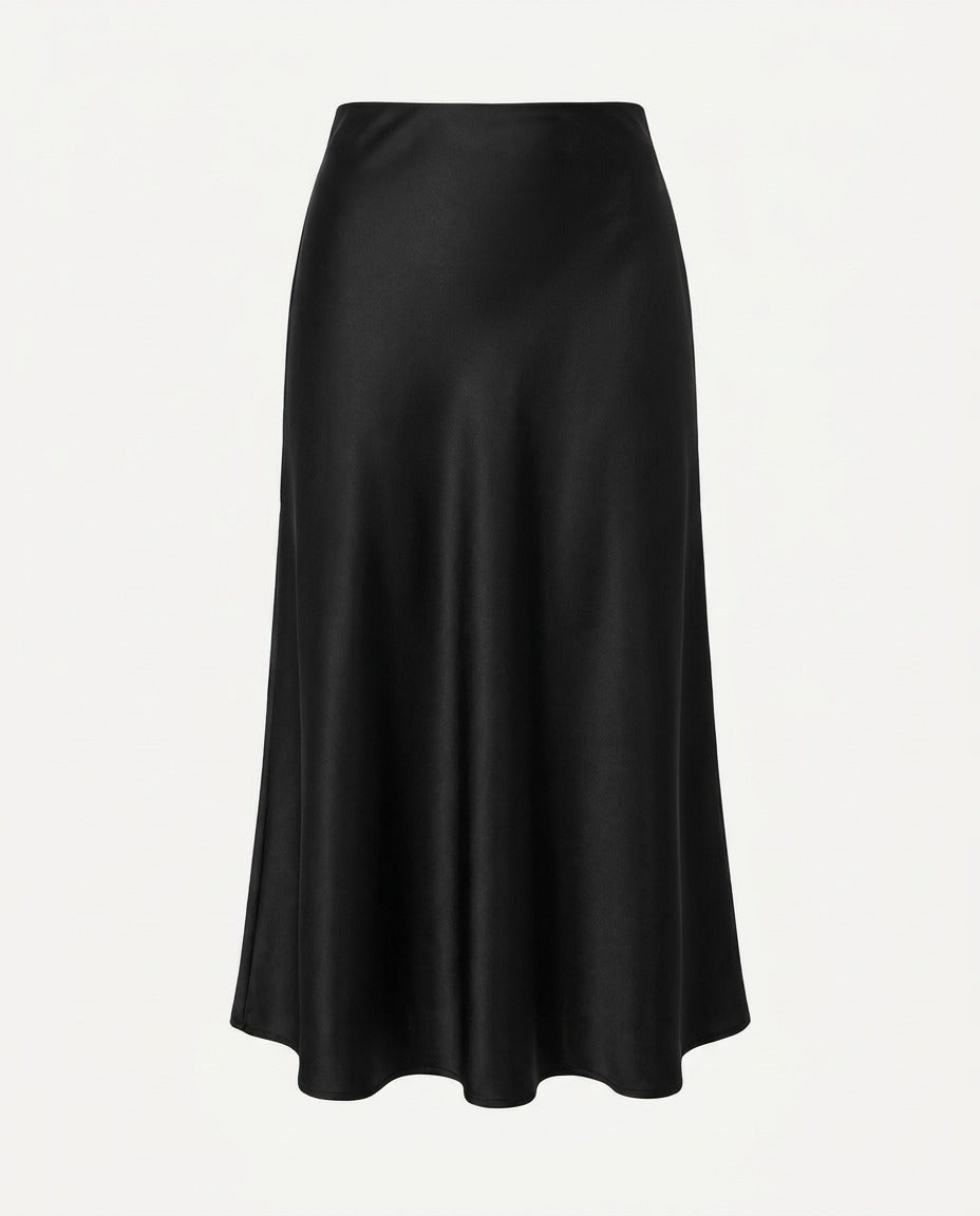 Black bias cut satin midi skirt, front view