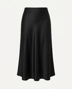 Black bias cut satin midi skirt, front view