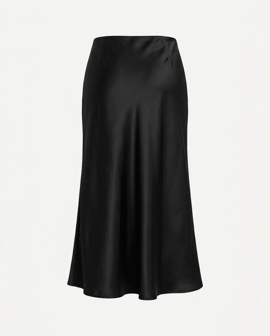 Black satin midi skirt worn, showing the fluted hem