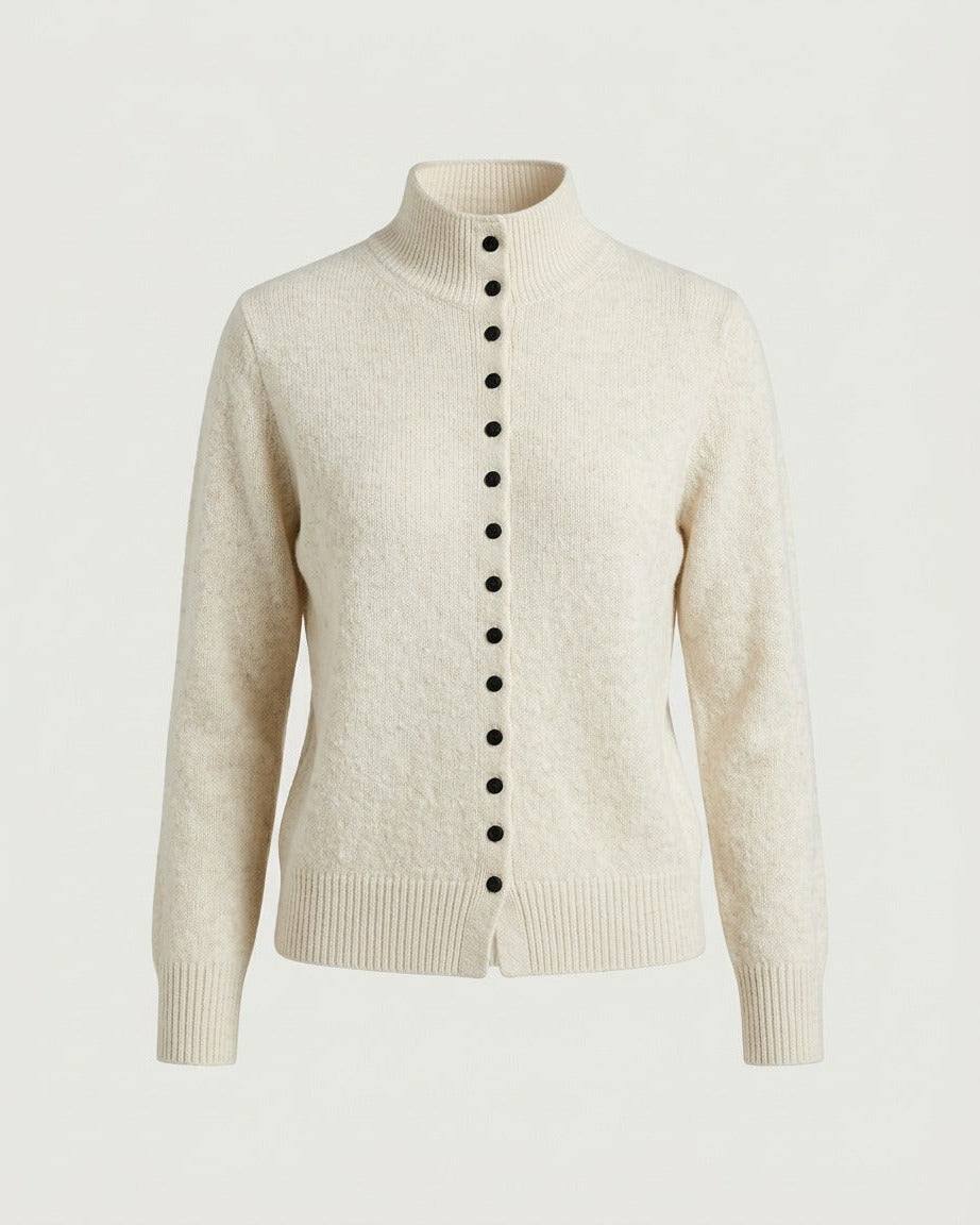 Front view of the stand-collar cardigan in cream.