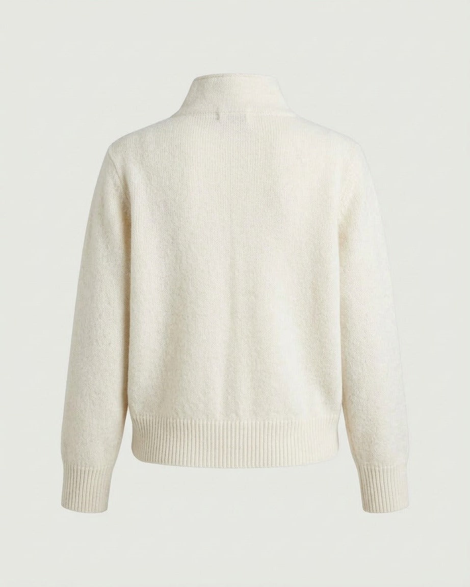 Back view of the stand-collar cardigan in cream.