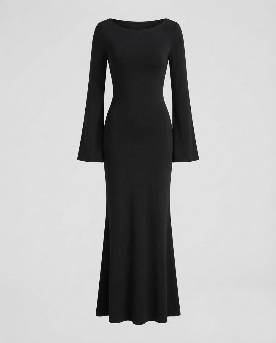 Black long sleeve dress with boat neck and trumpet skirt.