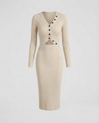 Cream ribbed knit midi dress with gold button placket, front view