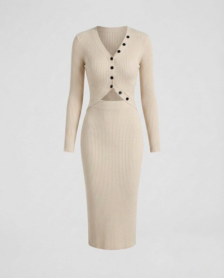 Cream ribbed knit midi dress with gold button placket, front view