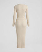 Cream knit midi dress showing the waist opening and rib texture