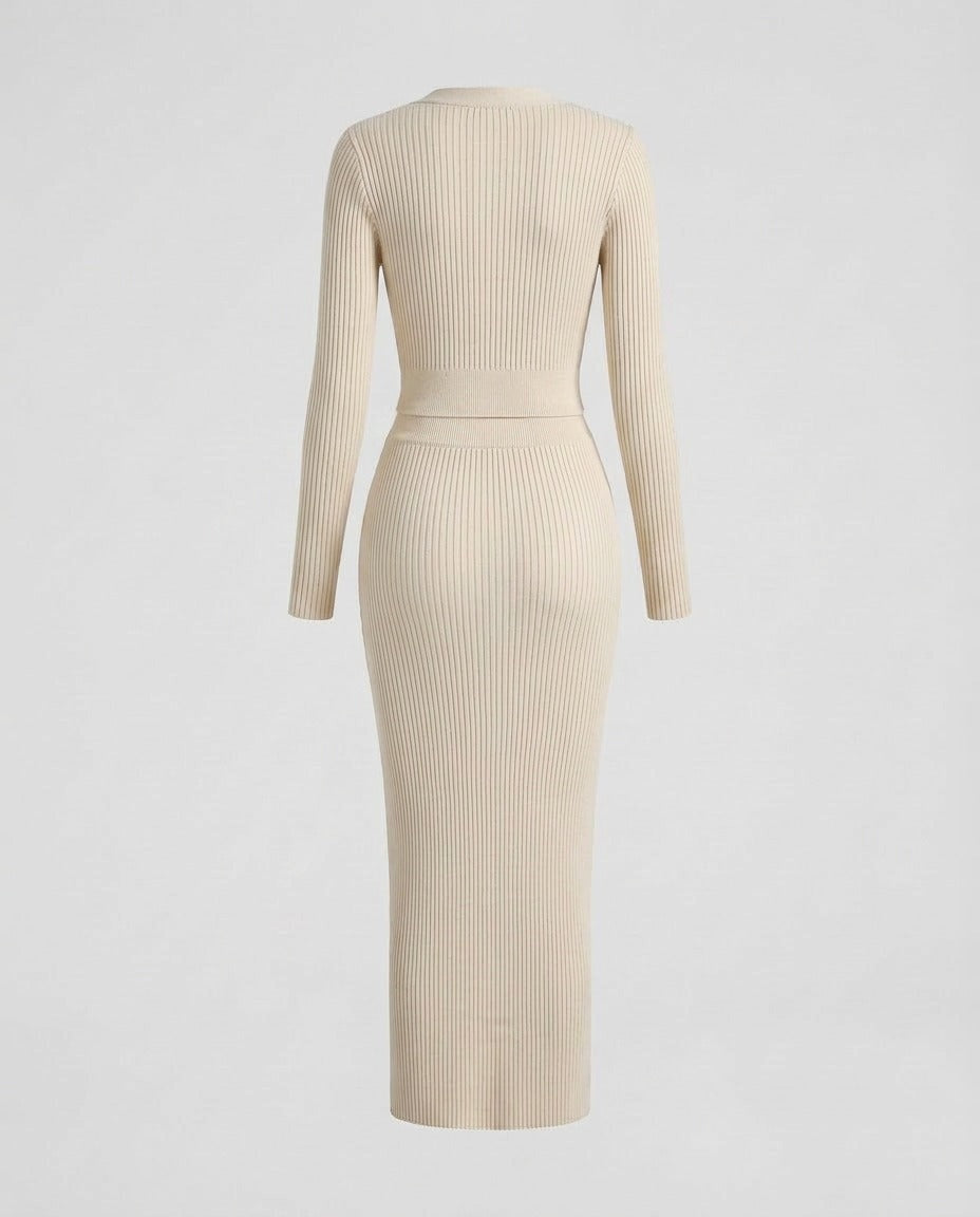 Cream knit midi dress showing the waist opening and rib texture