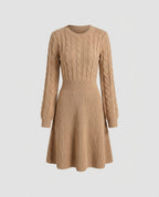 Camel cable knit dress with blouson sleeves, front view