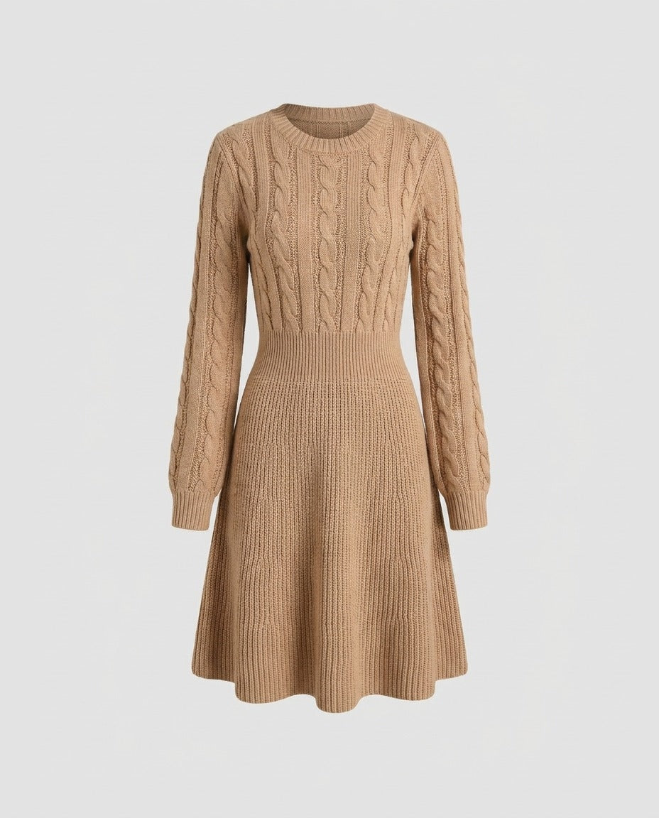 Camel cable knit dress with blouson sleeves, front view