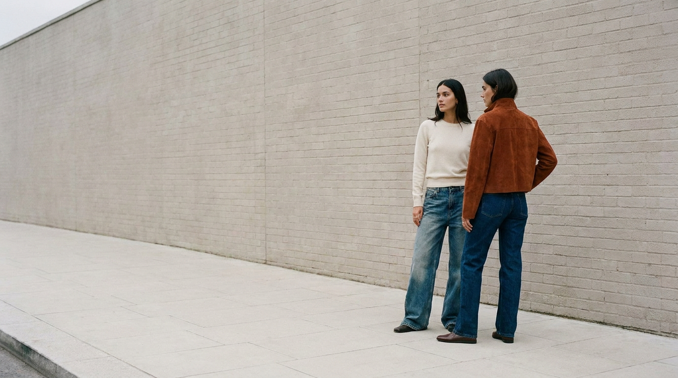 The suede jacket and washed wide-leg denim, worn on the street