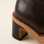Macro close-up of the smooth material and front seam in chocolate
