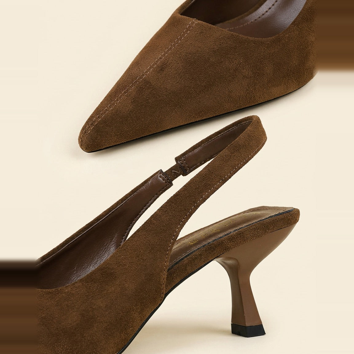 Close-up of the chocolate faux suede surface and elasticated heel strap seam