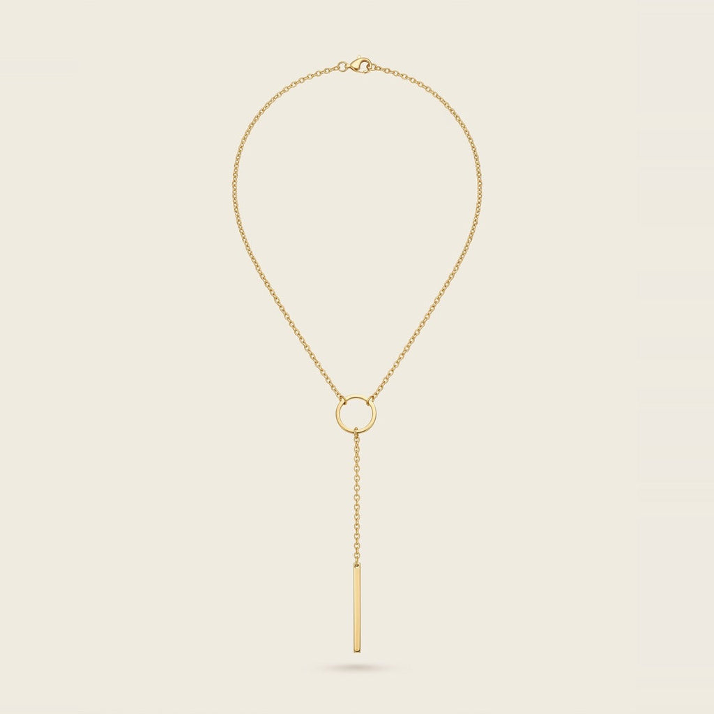Circle Bar Lariat Necklace in Gold, worn at the collarbone.