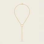 Circle Bar Lariat Necklace in Gold, worn at the collarbone.