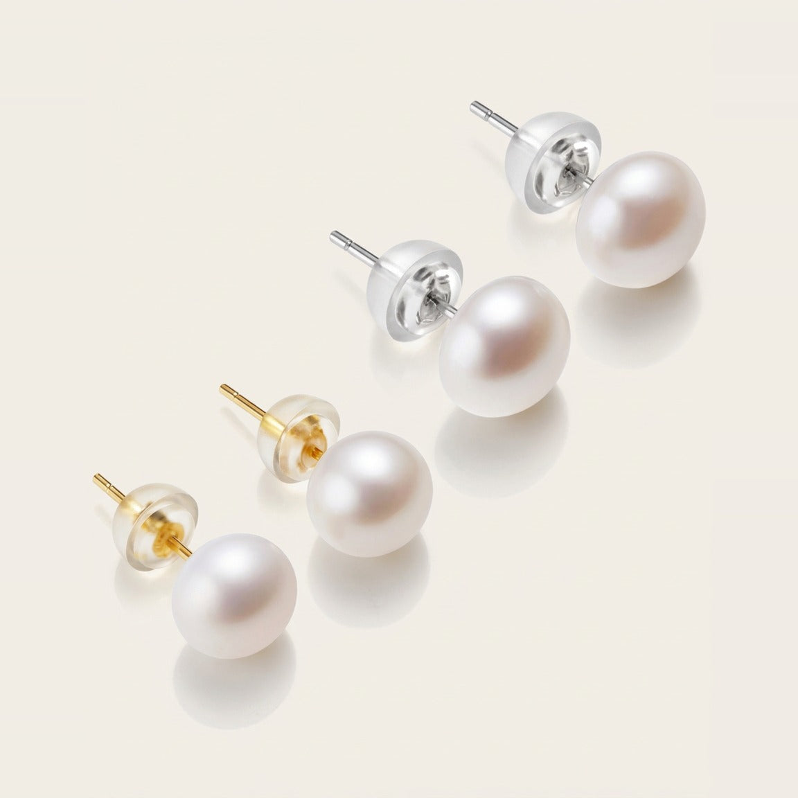 Classic Freshwater Studs in Pearl, showing three pairs