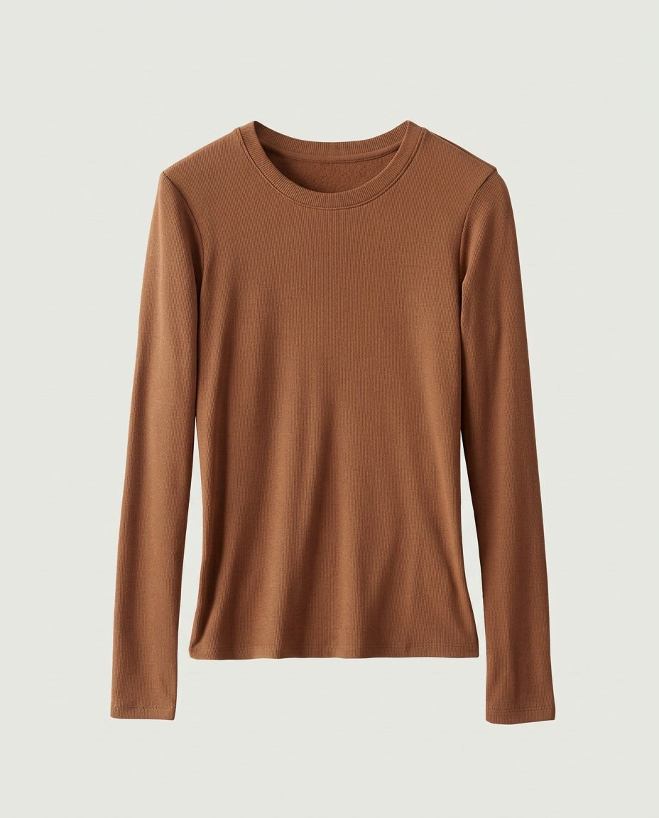 Front view of the ribbed long-sleeve tee in cognac