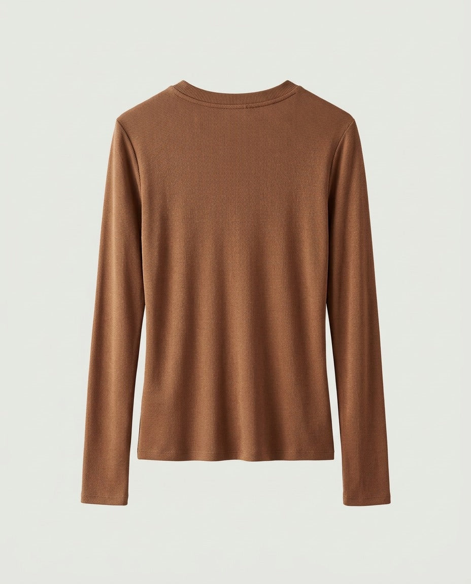 Back view of the ribbed long-sleeve tee in cognac
