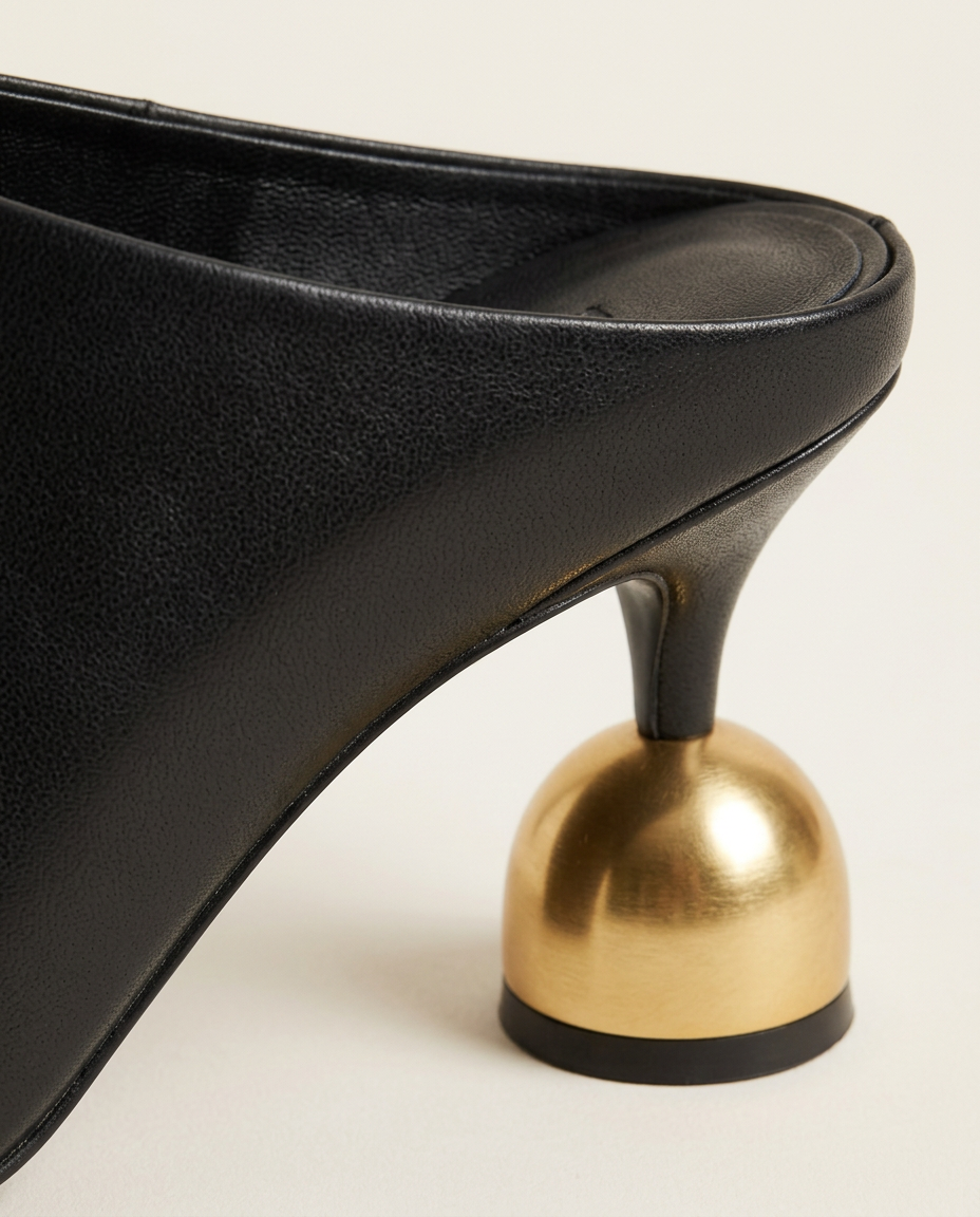 Close-up of the sculptural gold-tone heel on the Black mule