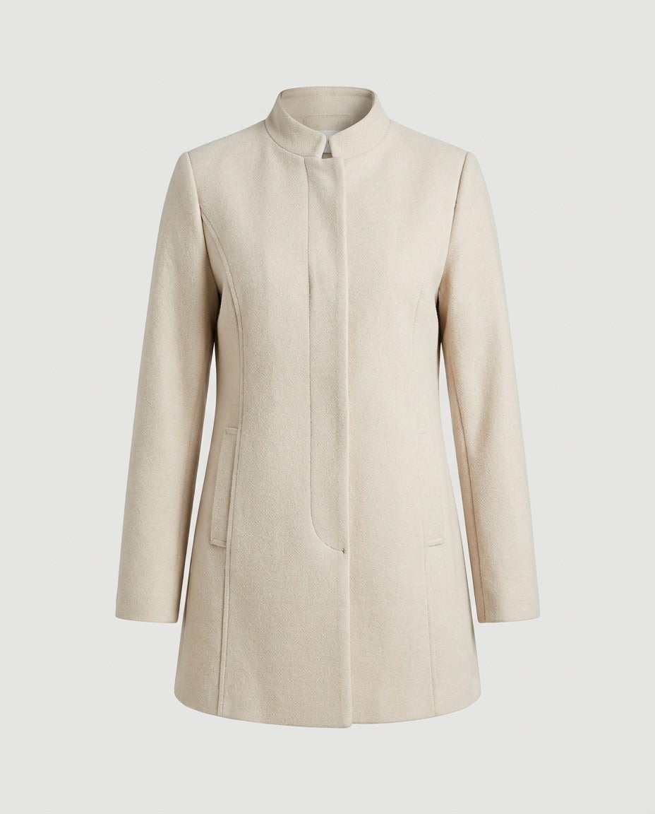 Cream collarless coat with three-button front, worn open
