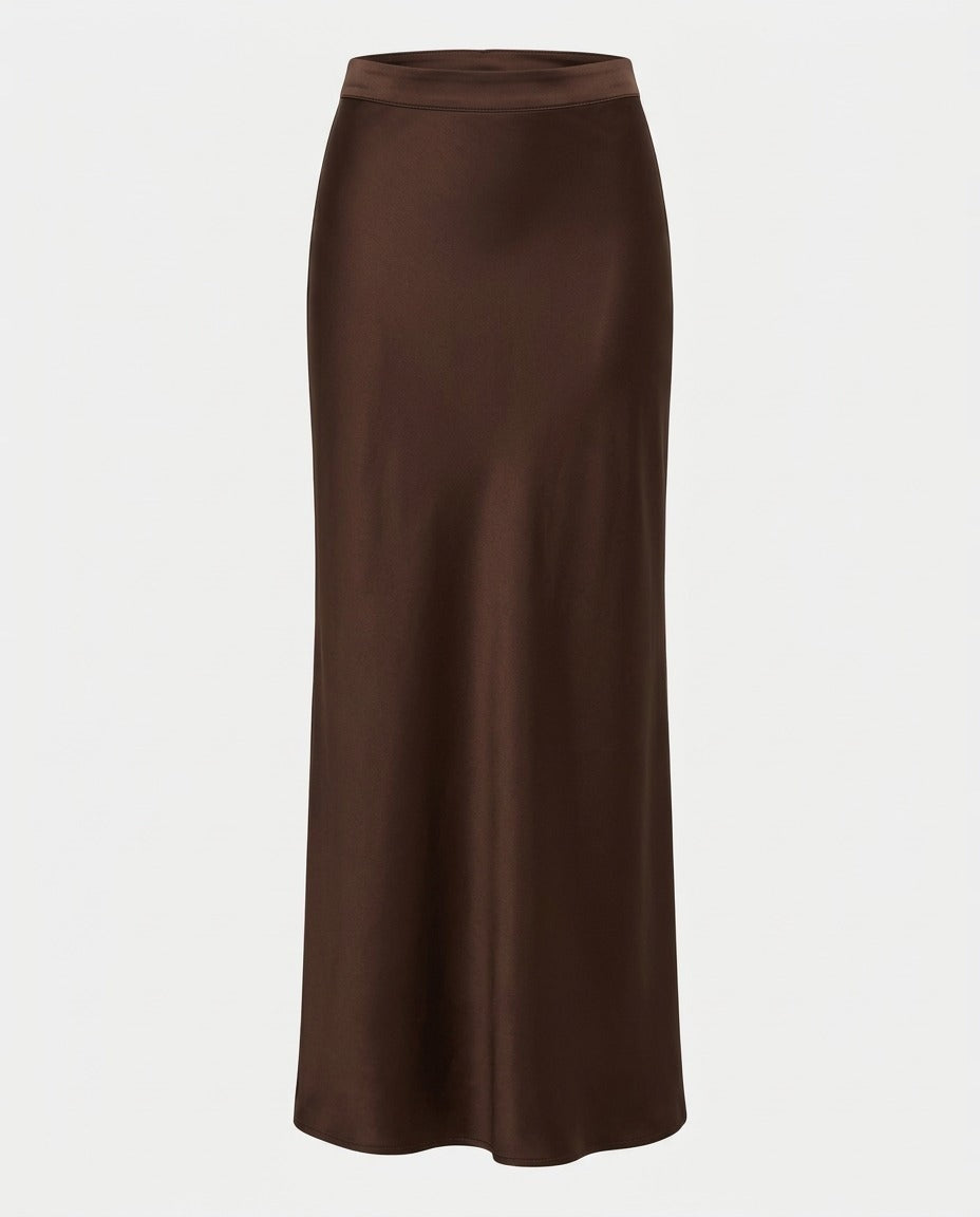 Full length view of the Column Slip Skirt in Chocolate worn with a white t-shirt.
