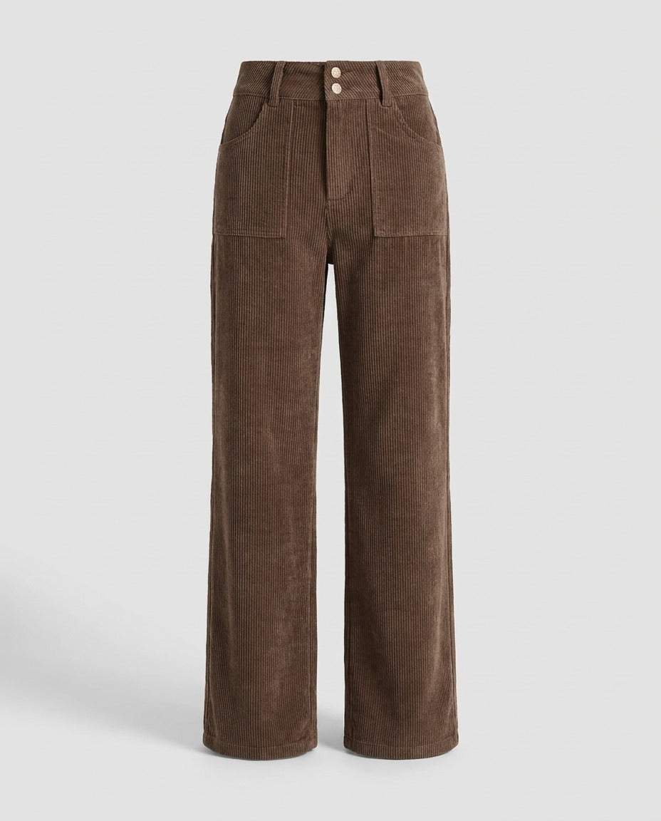 Taupe corduroy wide-leg trousers, front view