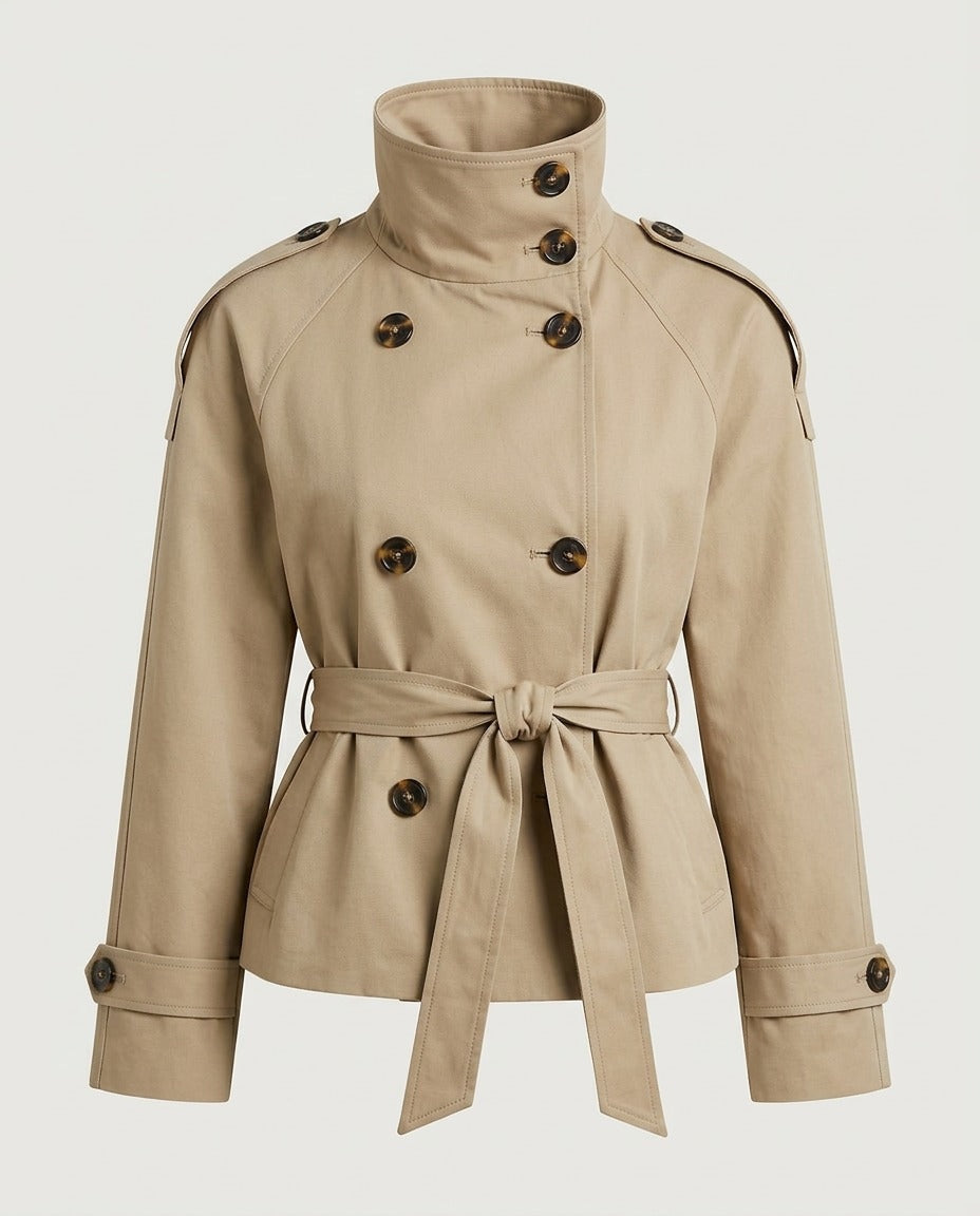 Taupe cropped trench jacket with high funnel neck and belt