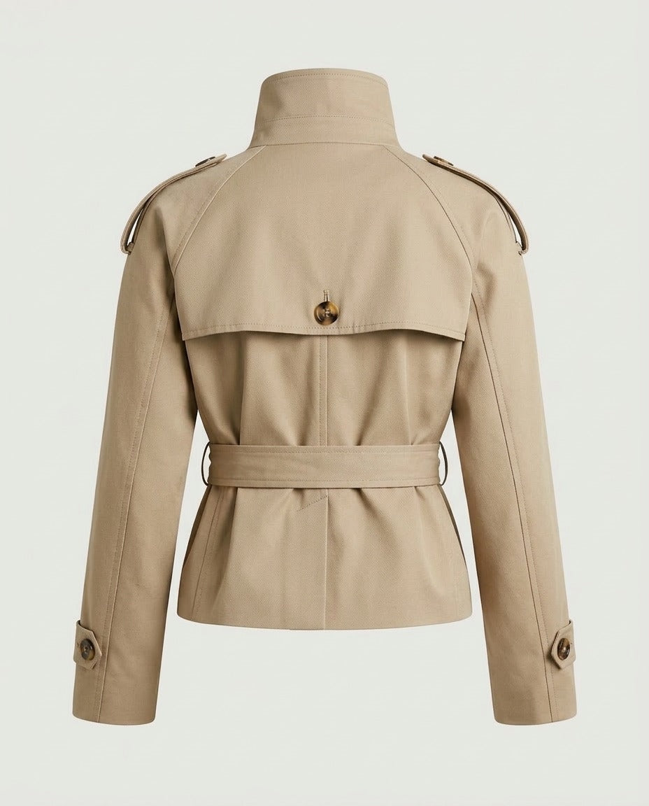 Taupe cropped trench jacket, showing seamed yoke and high hem