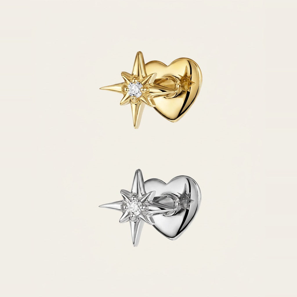 Delicate eight-pointed star stud earring in Gold, front view.