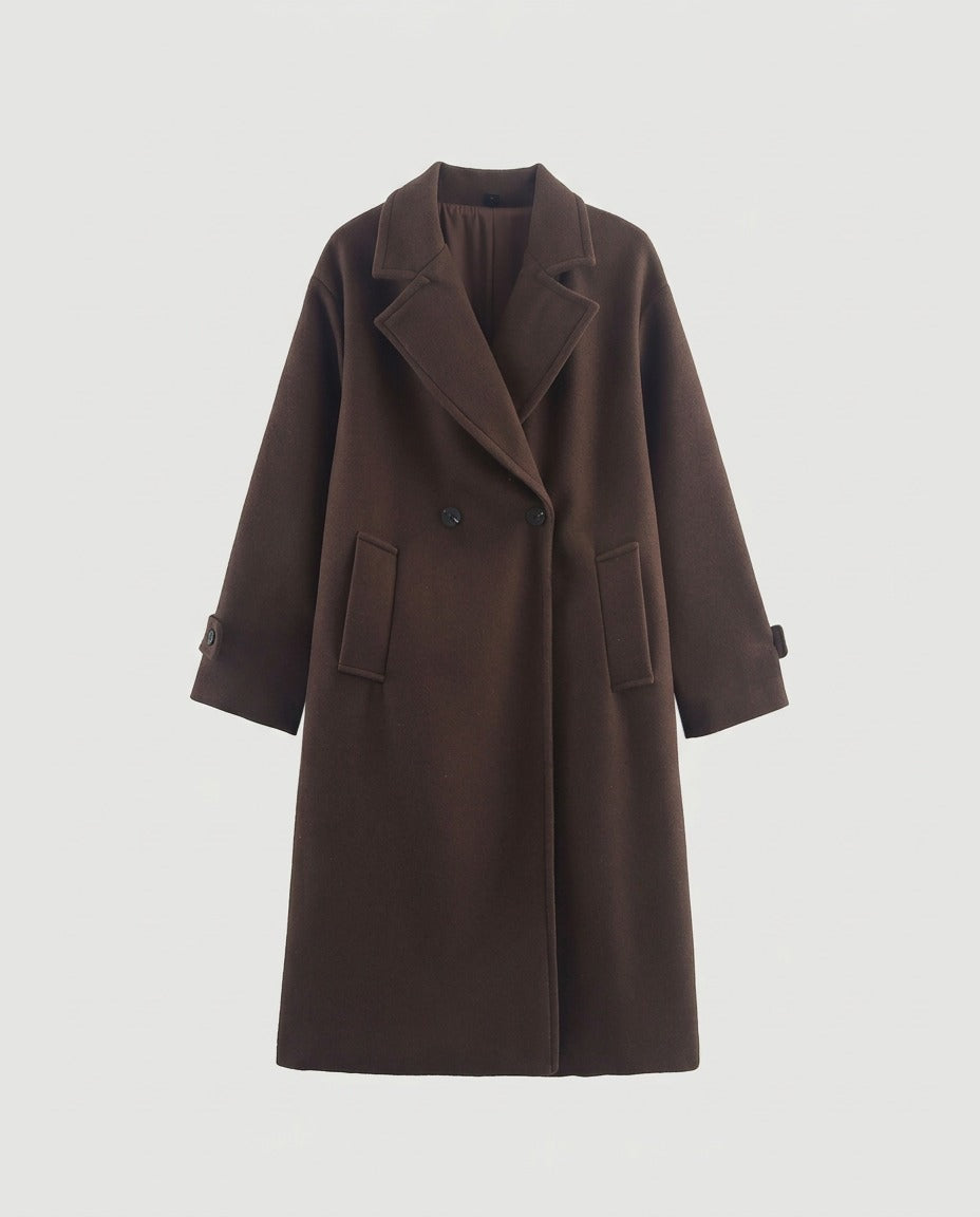 Full length view of the Chocolate double-breasted coat with wide lapels.