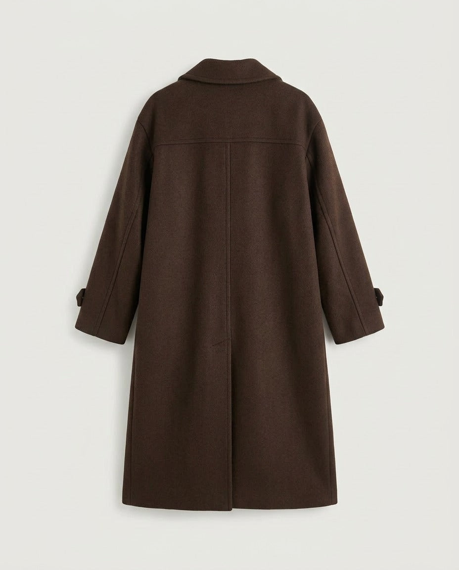 The back of the Chocolate coat, showing the straight silhouette.