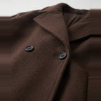 Double-Breasted Coat in Chocolate, peaked lapel and double row of buttons, detail view