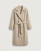 Cream Long Double-Breasted Coat with notched lapel and tie belt, front view