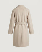 Cream Long Double-Breasted Coat from the back, belted