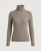 Essential Fine Rib Turtleneck in Taupe, front view.