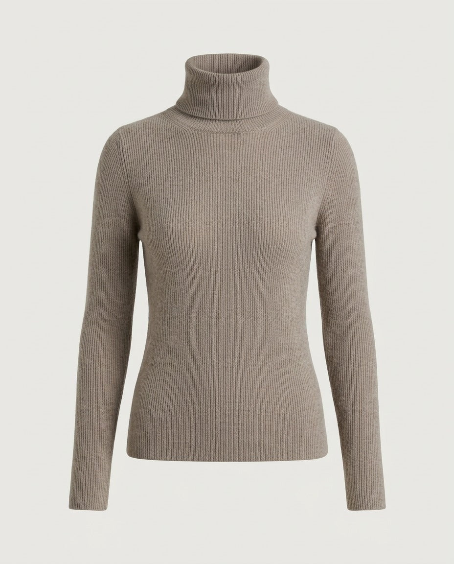 Essential Fine Rib Turtleneck in Taupe, front view.