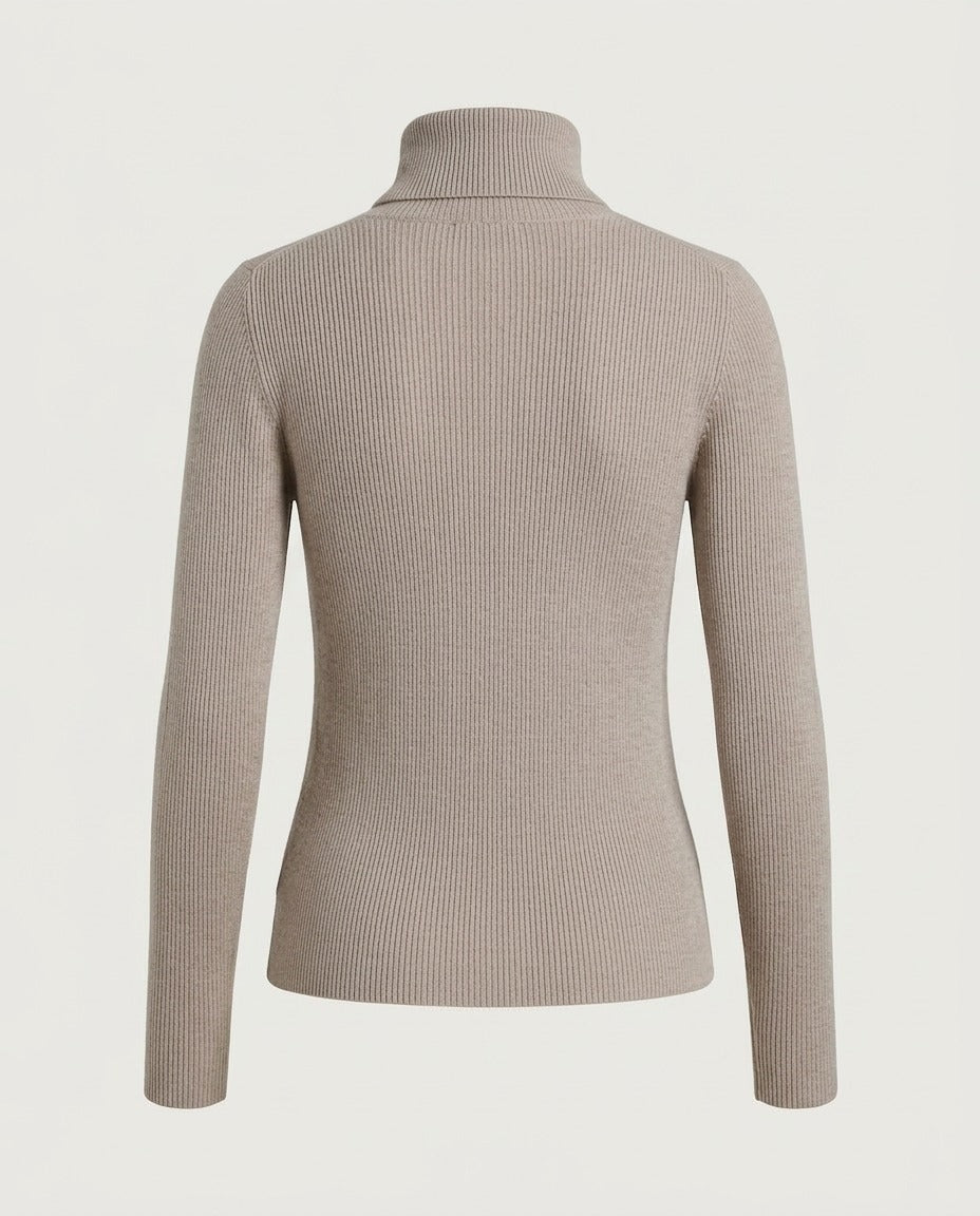 Essential Fine Rib Turtleneck in Taupe, back view.