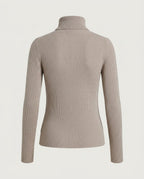 Essential Fine Rib Turtleneck in Taupe, back view.