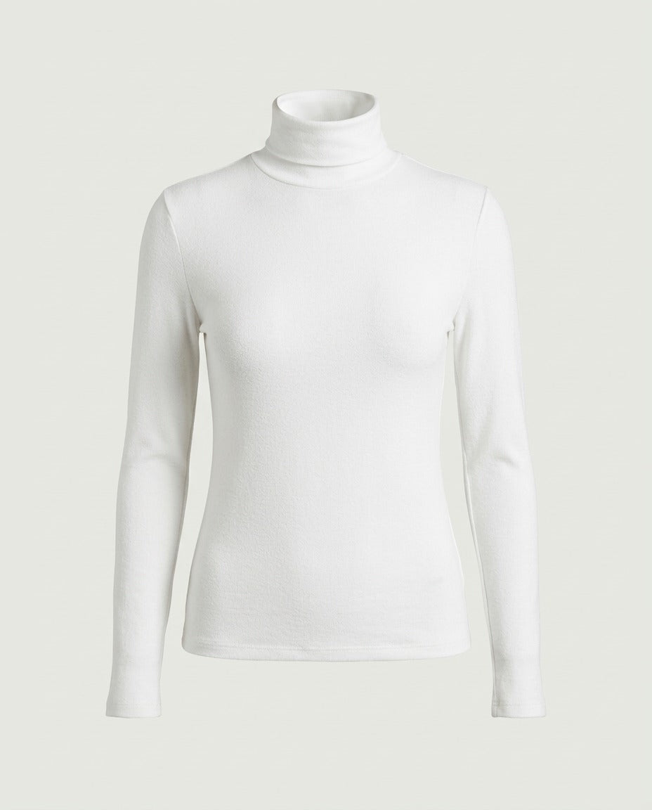 Front view of the fitted long-sleeve turtleneck top in white