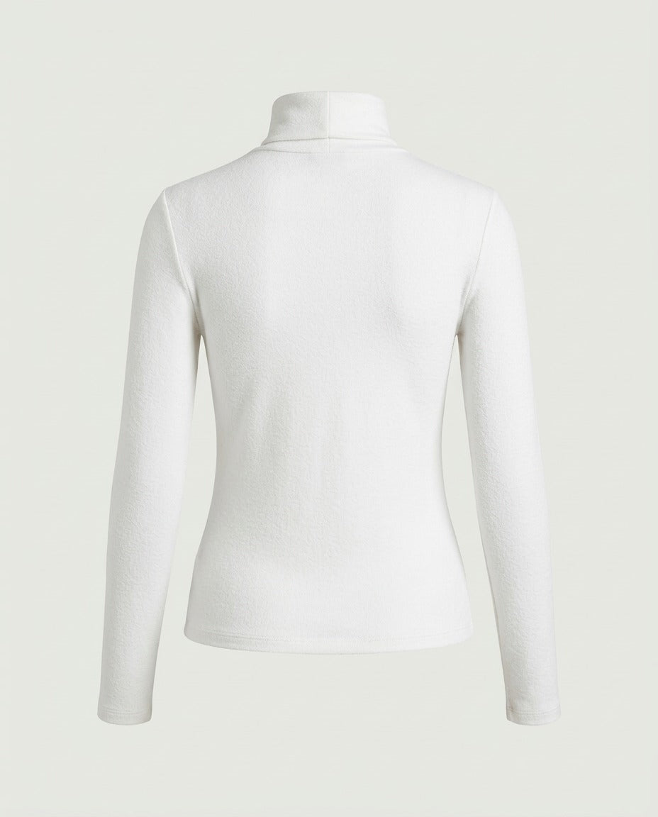 Back view of the fitted long-sleeve turtleneck top in white