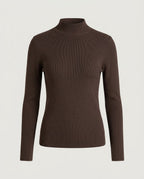 Essential Mock Neck Knit Top in Chocolate, front view.