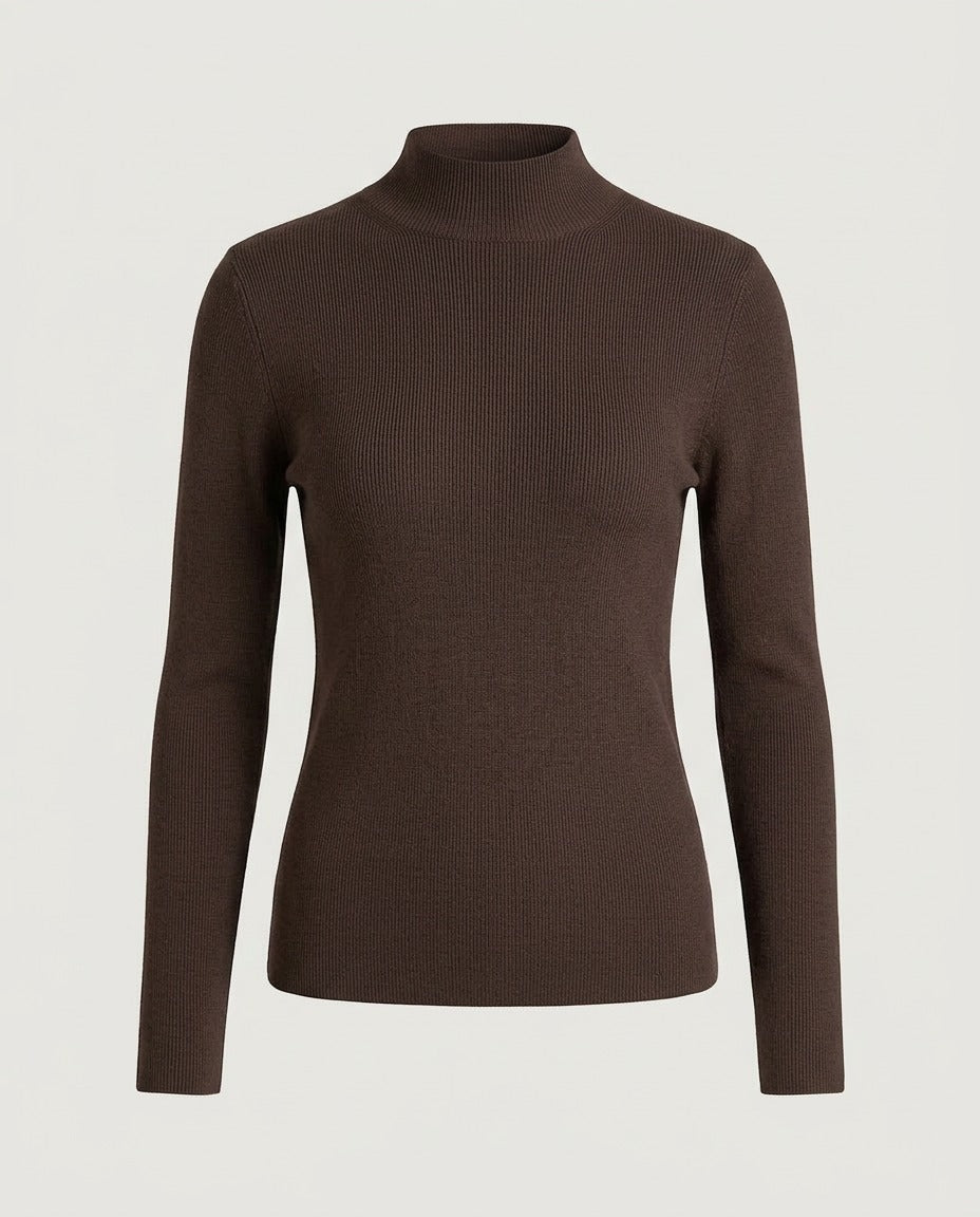 Essential Mock Neck Knit Top in Chocolate, front view.