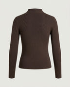 Essential Mock Neck Knit Top in Chocolate, back view showing the smooth knit.