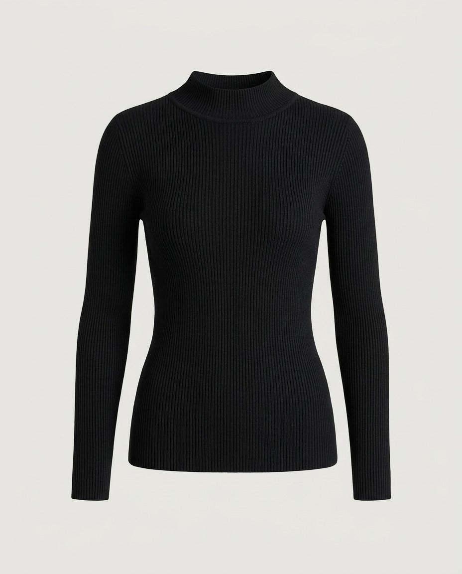 Essential Ribbed Mock Neck Sweater in Black, front view